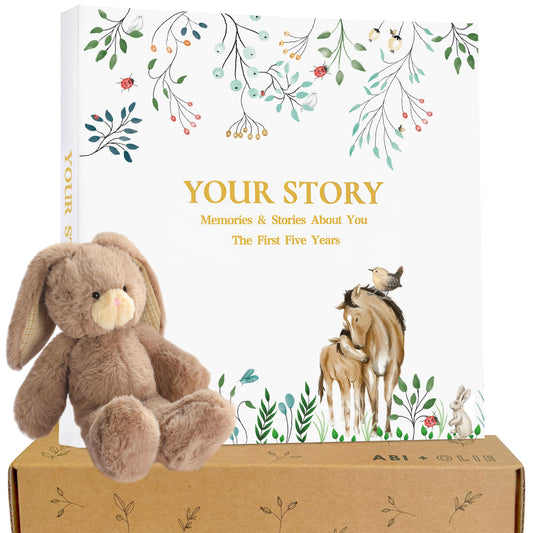 Baby Memory Book Baby Milestone Book and Plush Rabbit Toy - Baby First Year Book for First 5 Years